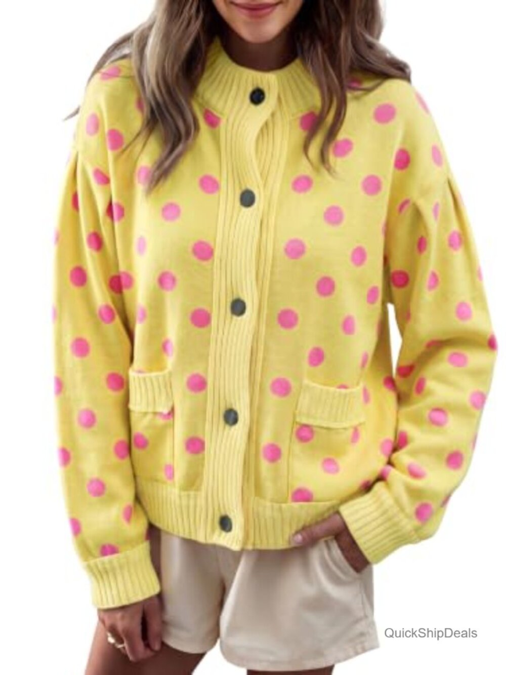Polka Dot Button Down Cropped Jacket Lantern Sleeve Woven